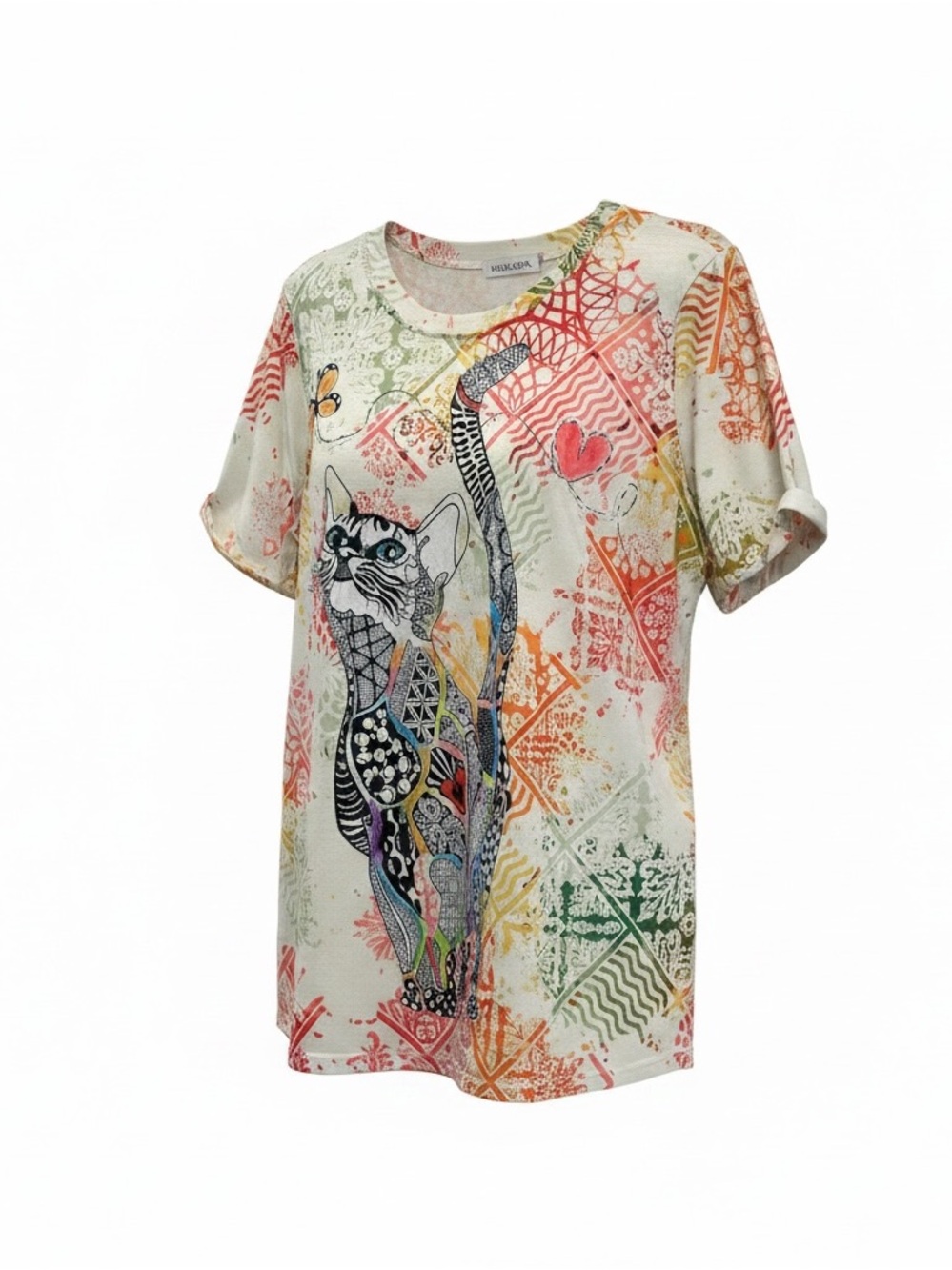 Cream Multicolor Cat Print Short Sleeve‎ Top